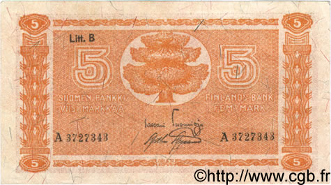 5 Markkaa FINLANDE  1945 P.084 TTB+