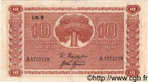 10 Markkaa FINLANDE  1945 P.085 TTB