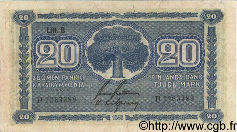 20 Markkaa FINLANDE  1945 P.086 TTB