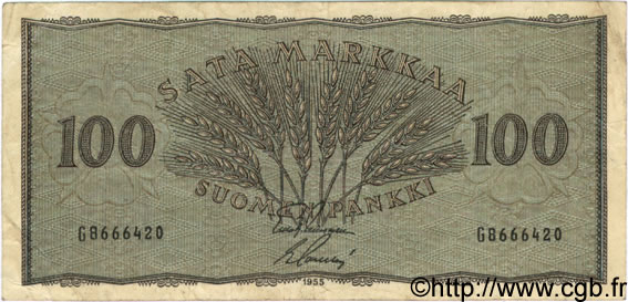 100 Markkaa FINLANDE  1955 P.091a TB+