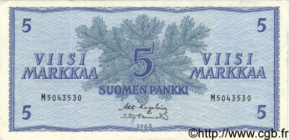 5 Markkaa FINLANDE  1963 P.099a TTB