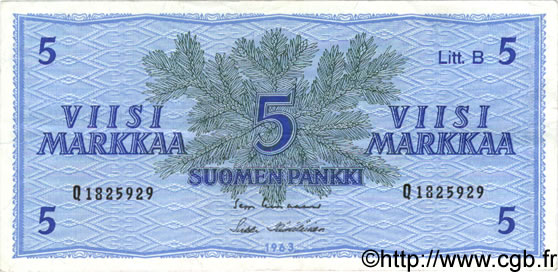 5 Markkaa FINLANDE  1963 P.106A TTB