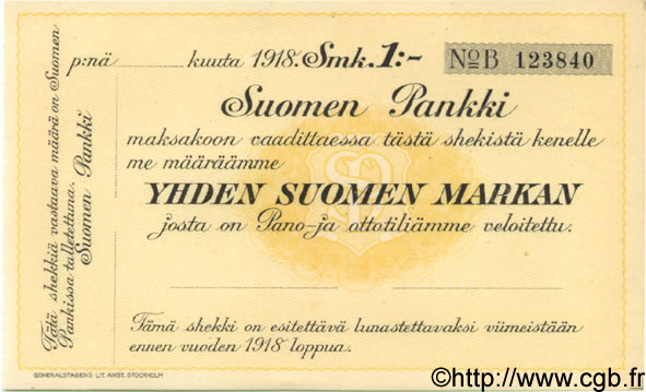1 Markka FINLANDE  1918 PS. pr.NEUF