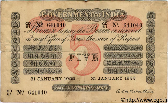 5 Rupees INDE  1922 P.A06h TB+
