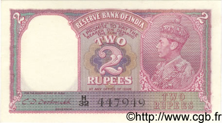 2 Rupees INDE  1943 P.017b SPL