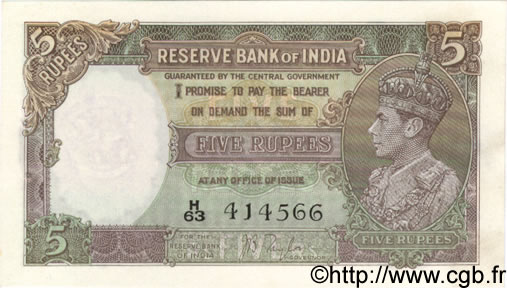 5 Rupees INDE  1937 P.018a SPL