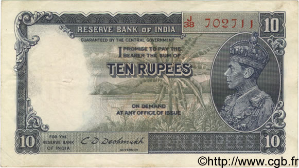 10 Rupees INDE  1937 P.019a TTB