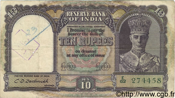 10 Rupees INDE  1943 P.024 pr.TB