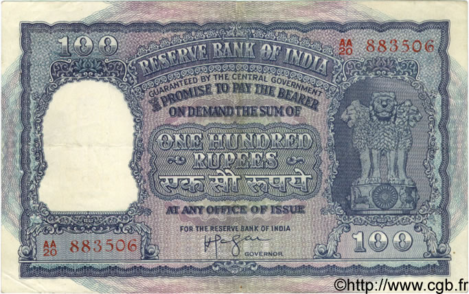 100 Rupees INDE  1957 P.043b TTB