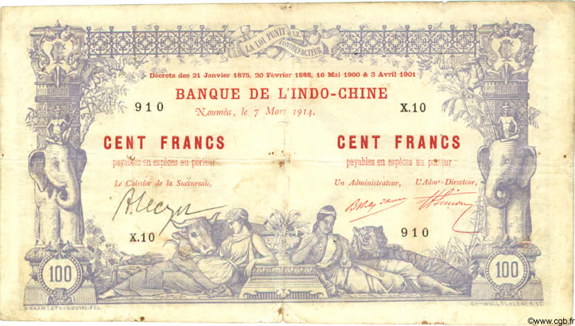 100 Francs NOUVELLE CALÉDONIE  1914 P.17 TB