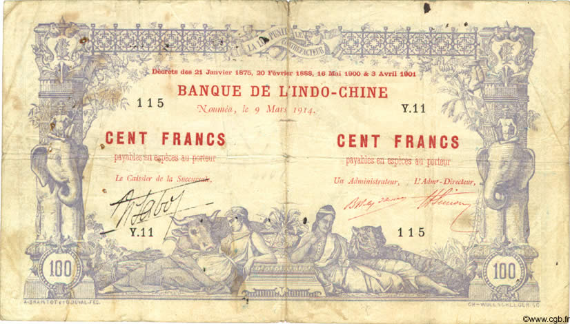 100 Francs NOUVELLE CALÉDONIE 1914 P.17 pr.TB