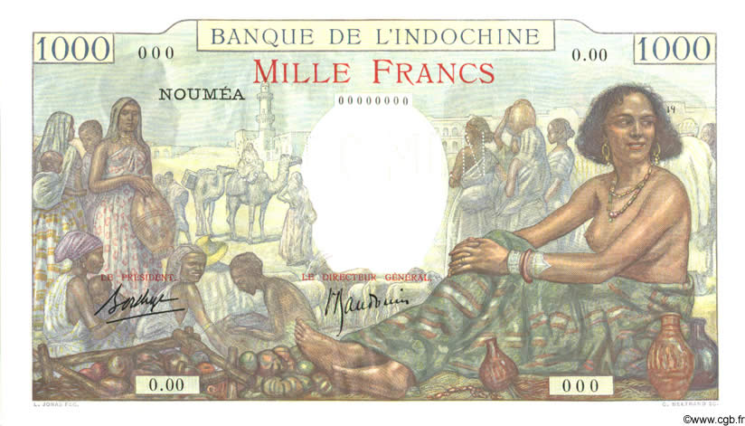 1000 Francs Spécimen NOUVELLE CALÉDONIE  1938 P.43as pr.NEUF