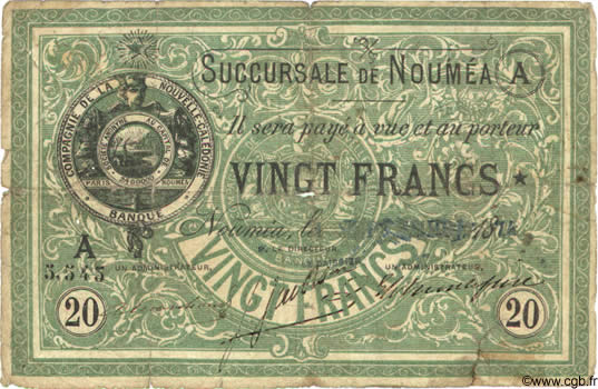 20 Francs NOUVELLE CALÉDONIE Nouméa 1874 P.03 B