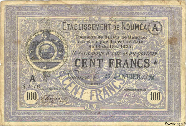 100 Francs NOUVELLE CALÉDONIE Nouméa 1875 P.08 B+ à TB