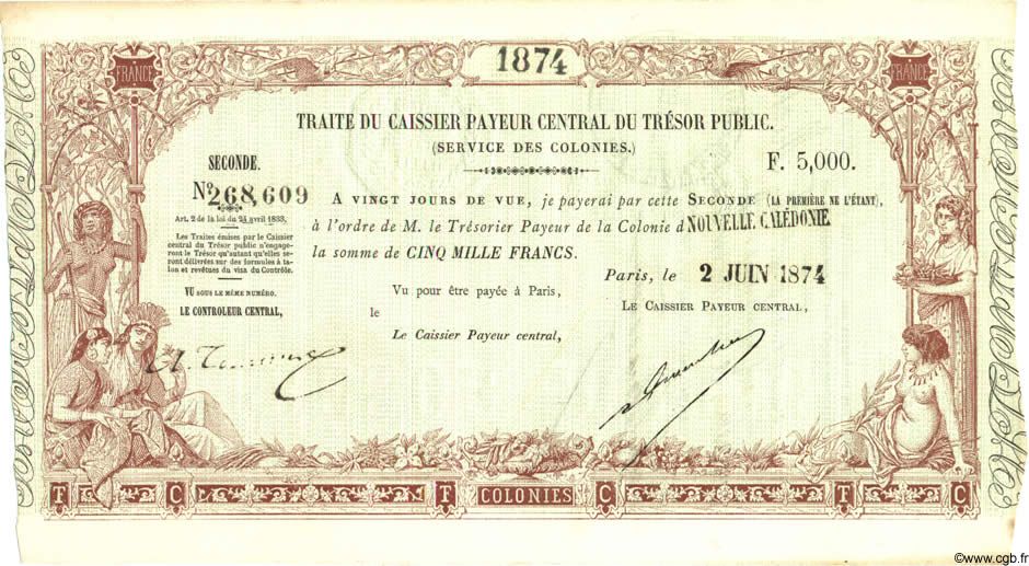 5000 Francs NOUVELLE CALÉDONIE  1874 P.- SUP