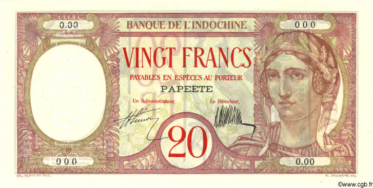 20 Francs Spécimen TAHITI  1927 P.12as NEUF