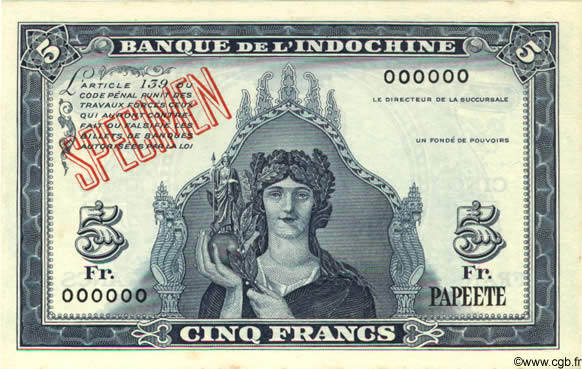 5 Francs Spécimen TAHITI  1944 P.19s NEUF