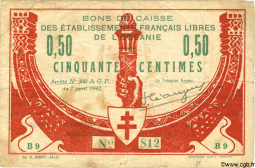 50 Centimes OCÉANIE  1942 P.07 TB