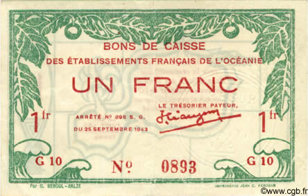1 Franc OCÉANIE  1943 P.11c TTB+
