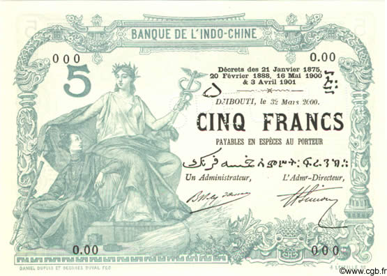 5 Francs Spécimen DJIBOUTI  1905 P.-s NEUF
