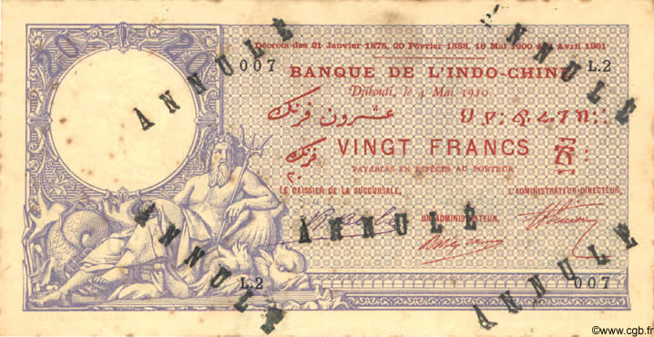 20 Francs Spécimen DJIBOUTI  1910 P.02bs TTB