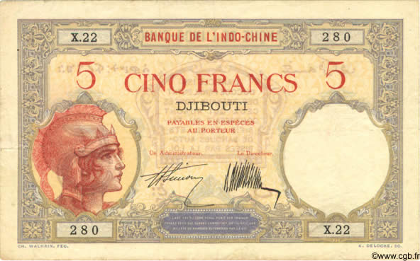 5 Francs DJIBOUTI  1927 P.06b TTB