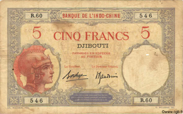 5 Francs DJIBOUTI  1936 P.06b TB