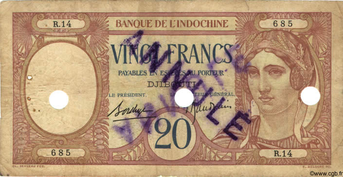 20 Francs Annulé DJIBOUTI  1936 P.07 B à TB