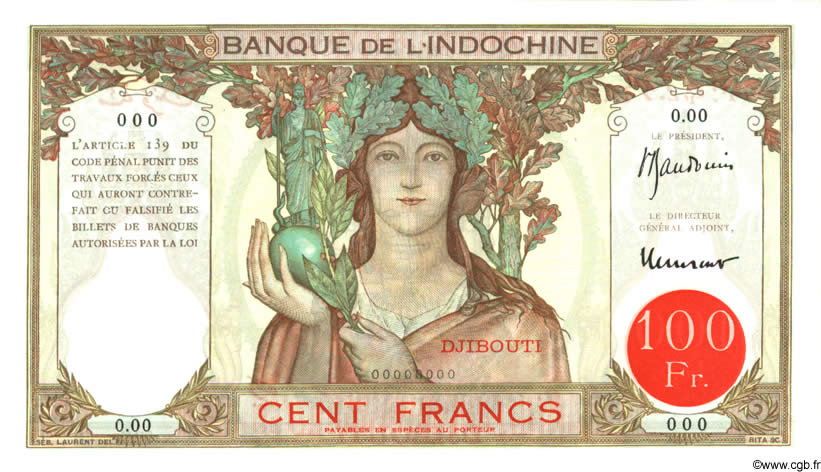 100 Francs Non émis DJIBOUTI  1931 P.08 NEUF