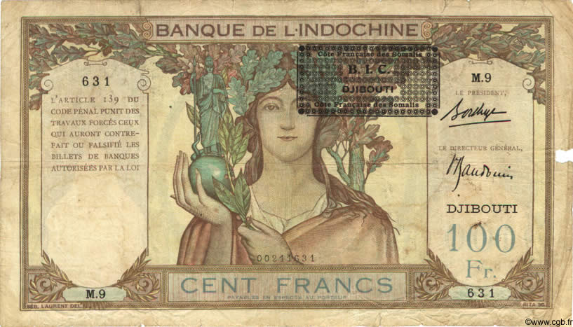 100 Francs DJIBOUTI  1943 P.13A TB