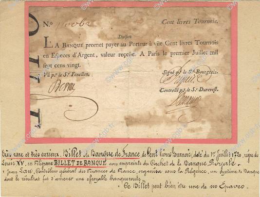 100 Livres Tournois typographié FRANCE 1720 Laf.094 TTB