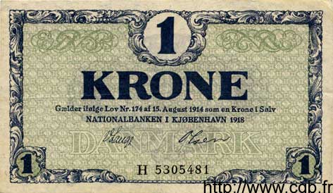 1 Krone DANEMARK  1918 P.012d TTB+