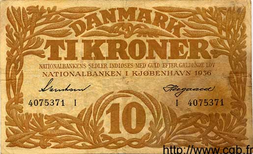 10 Kroner DANEMARK  1936 P.026 TB