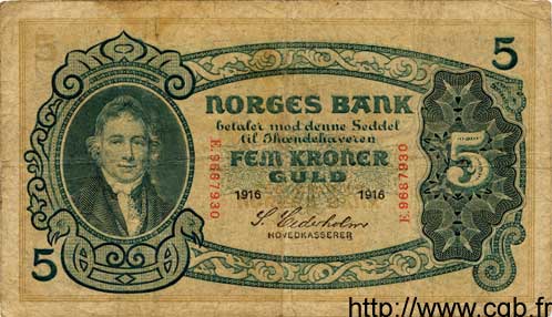 5 Kroner NORVÈGE  1916 P.07b TB