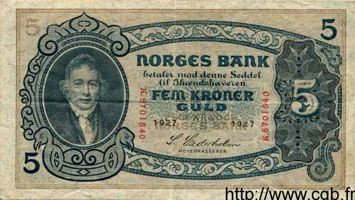 5 Kroner NORVÈGE  1927 P.07b TTB+