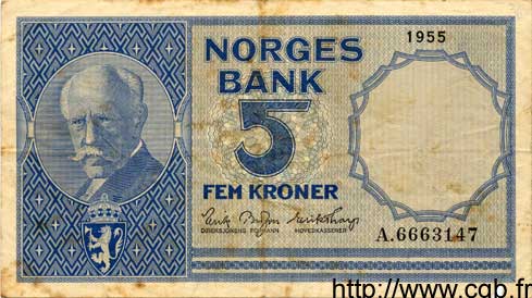 5 Kroner NORVÈGE  1955 P.30a pr.TTB