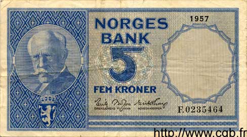 5 Kroner NORVÈGE  1957 P.30d TTB