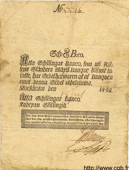8 Schillingar Banco SUÈDE  1842 P.A100b TB+
