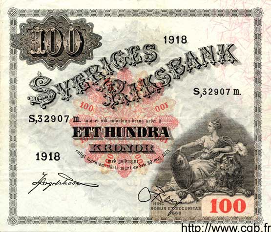 100 Kronor SUÈDE  1918 P.36a TTB+ à SUP