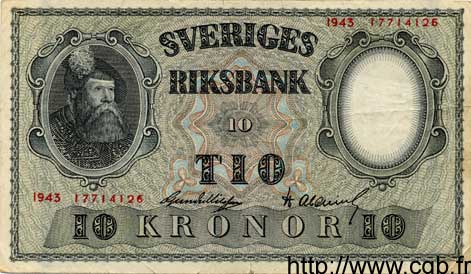 10 Kronor SUÈDE  1943 P.40c VF