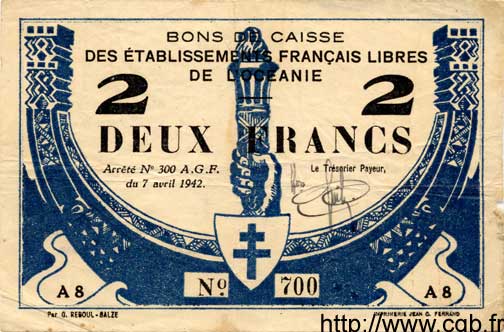 2 Francs OCÉANIE  1942 P.09 TB+ à TTB