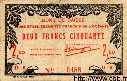 2,5 Francs OCÉANIE  1943 P.13c TB