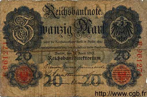 20 Mark ALLEMAGNE  1910 P.040a AB