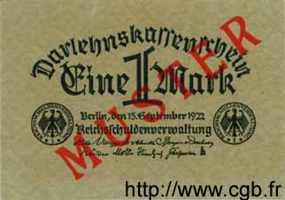 1 Mark  Spécimen ALLEMAGNE  1922 P.061as NEUF