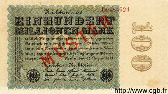 100 Millionen Mark Spécimen ALLEMAGNE  1923 P.107cs SPL