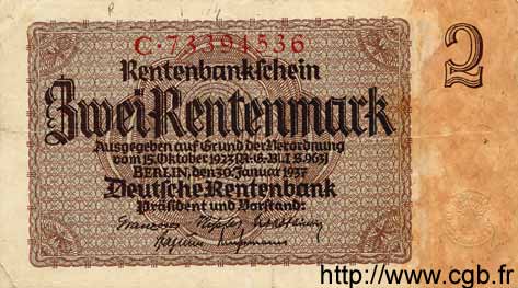 2 Rentenmark ALLEMAGNE  1937 P.174b TTB