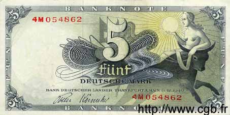 5 Deutsche Mark ALLEMAGNE FÉDÉRALE  1948 P.13e TTB+ à SUP