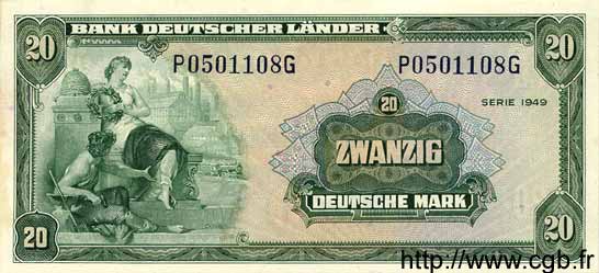 20 Deutsche Mark GERMAN FEDERAL REPUBLIC  1949 P.17a AU