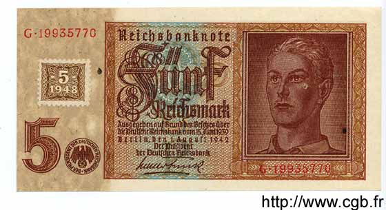 5 Deutsche Mark sur 5 Reichsmark ALLEMAGNE DE L EST  1948 P.03 SUP