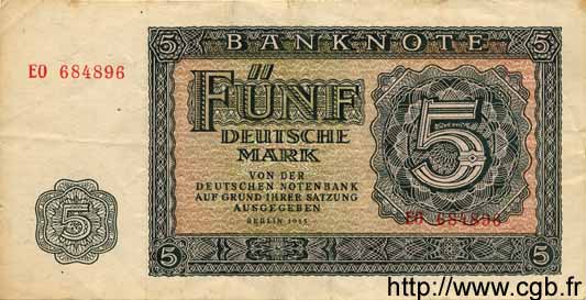 5 Deutsche Mark ALLEMAGNE DE L EST  1955 P.17 TTB